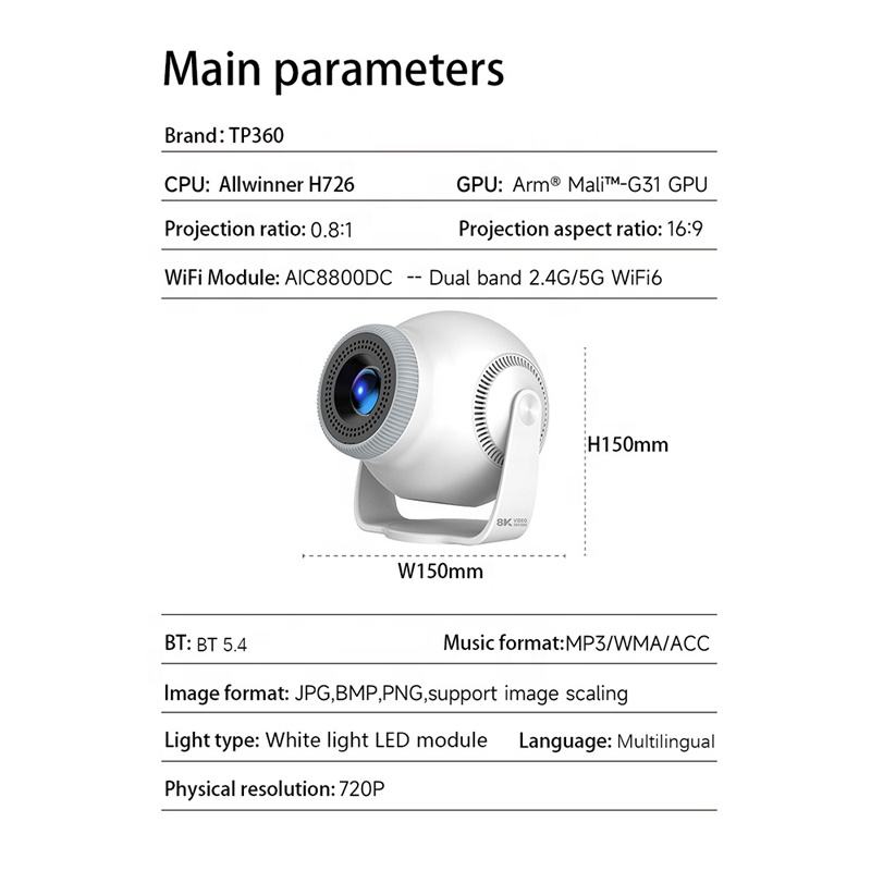 TP360 Smart Android Projector – Mini HD Home Cinema Projector with Android 14