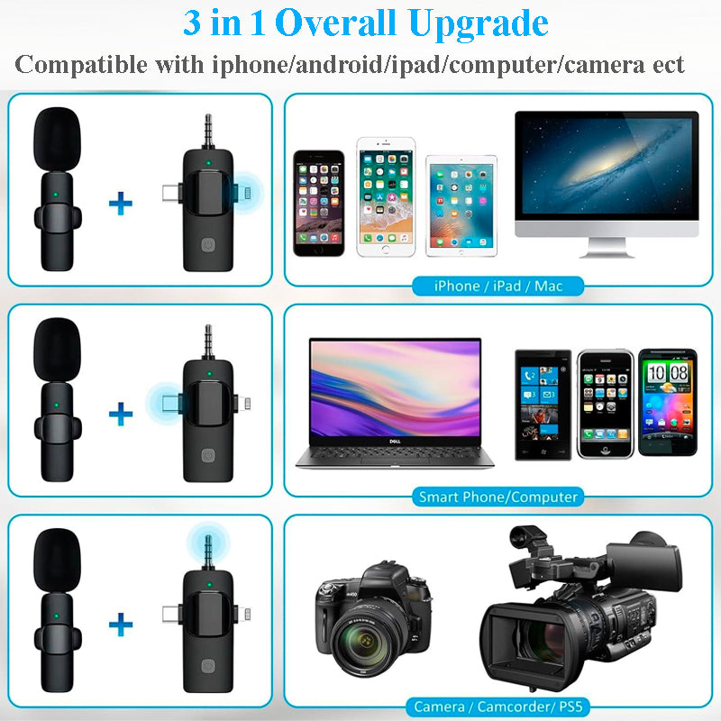 3-in-1 Wireless Microphone – Multi-Device Lavalier Mic with Reverb & Noise Cancellation