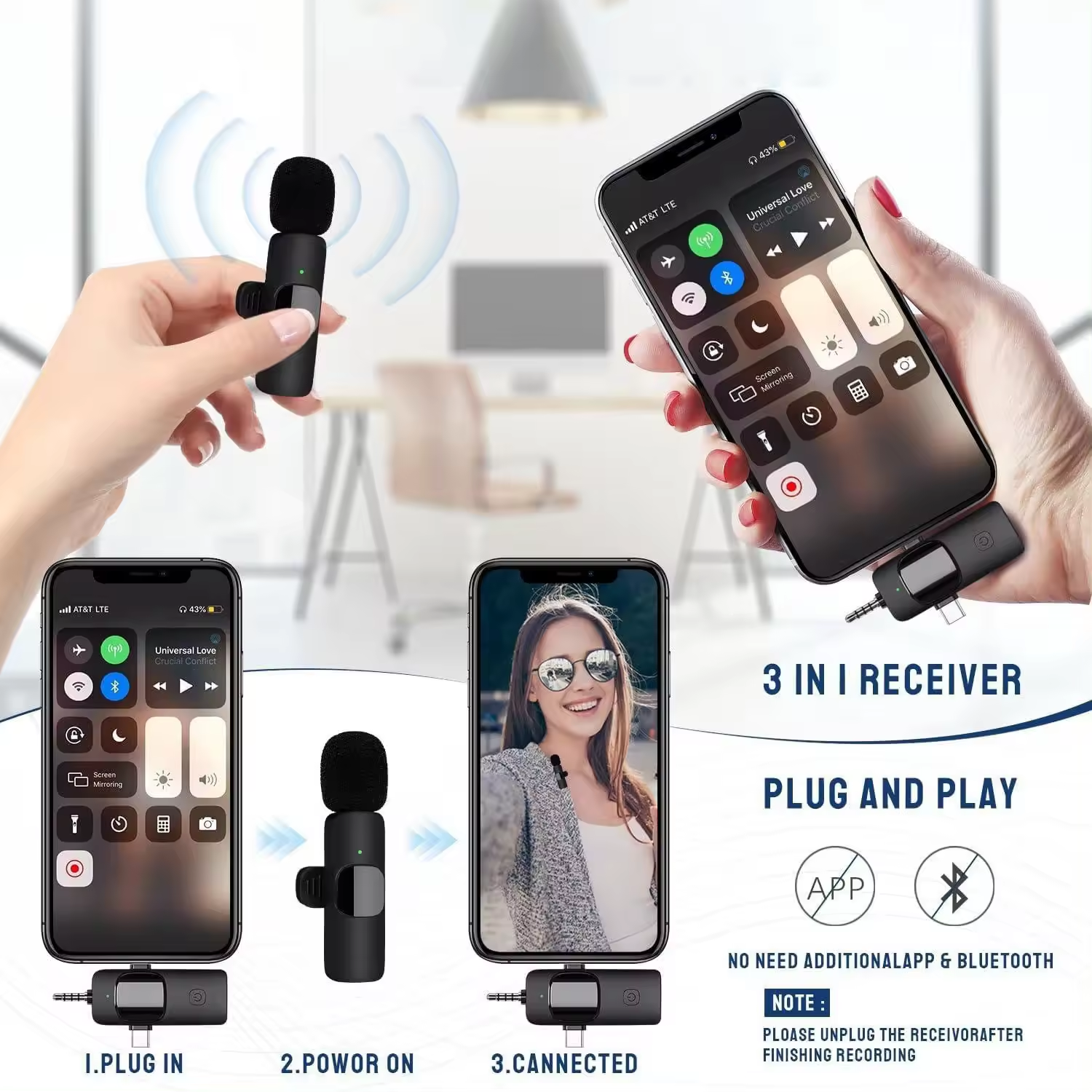 3-in-1 Wireless Microphone – Multi-Device Lavalier Mic with Reverb & Noise Cancellation