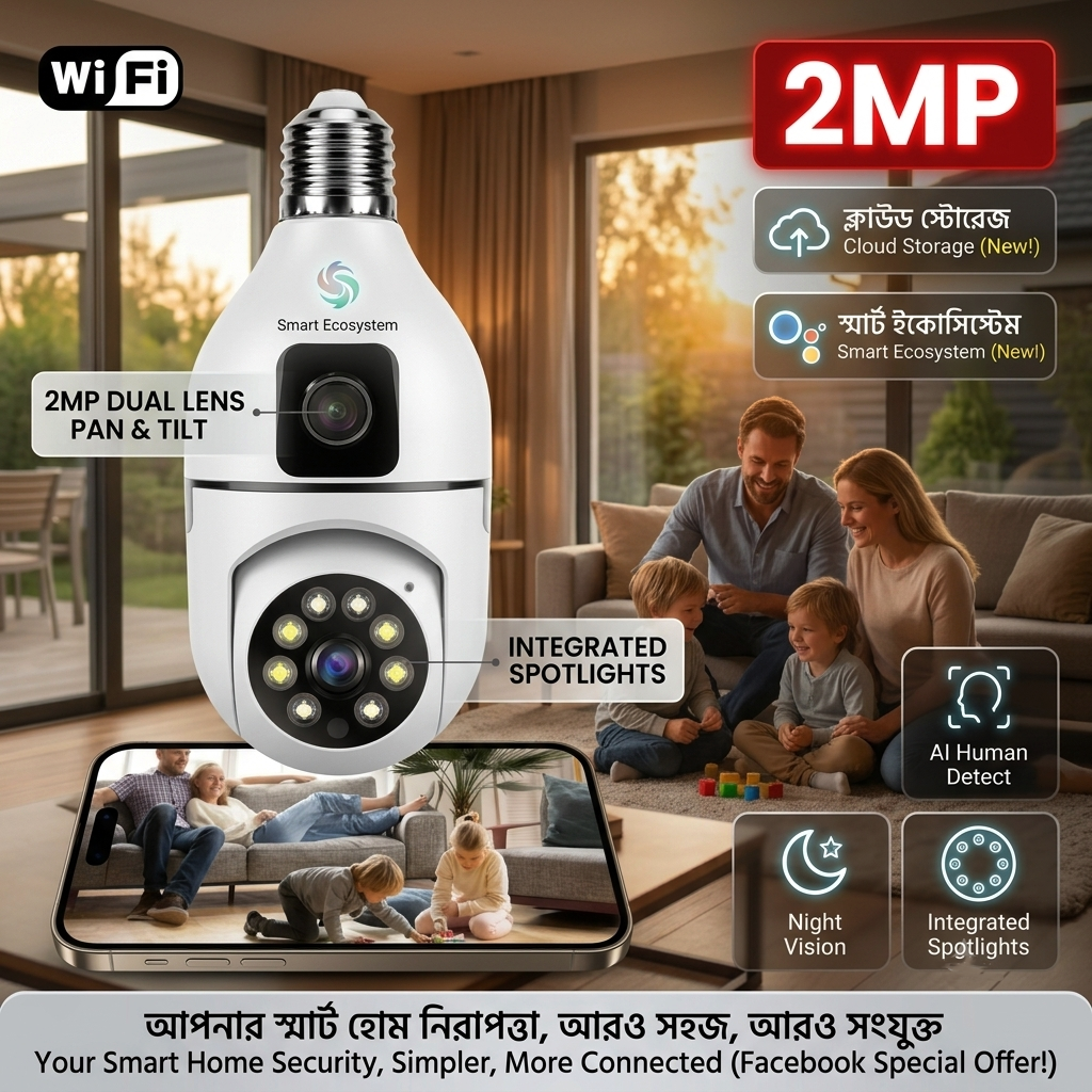 V380 Smart 360° Dual Lens Wi-Fi Bulb Camera (2MP, E27-A)