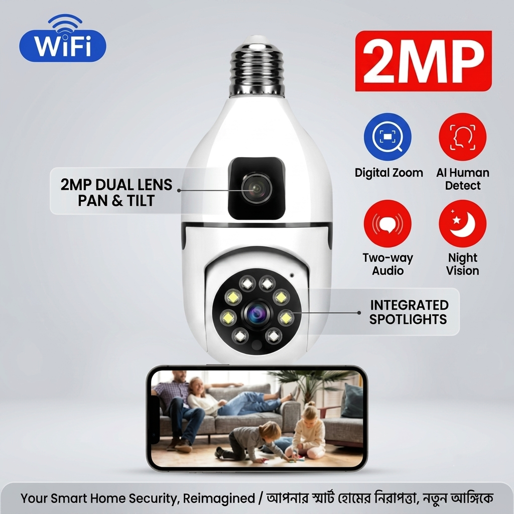 V380 Smart 360° Dual Lens Wi-Fi Bulb Camera (2MP, E27-A)