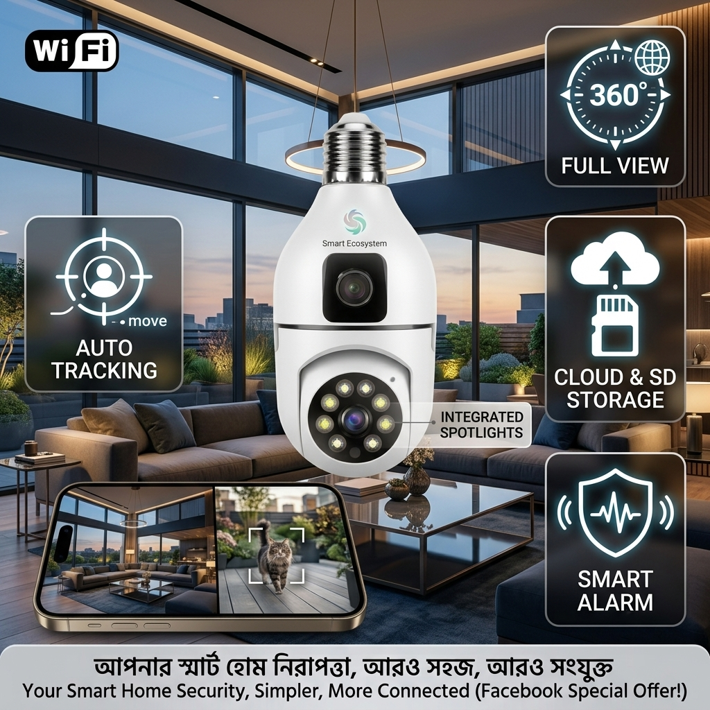 V380 Smart 360° Dual Lens Wi-Fi Bulb Camera (2MP, E27-A)