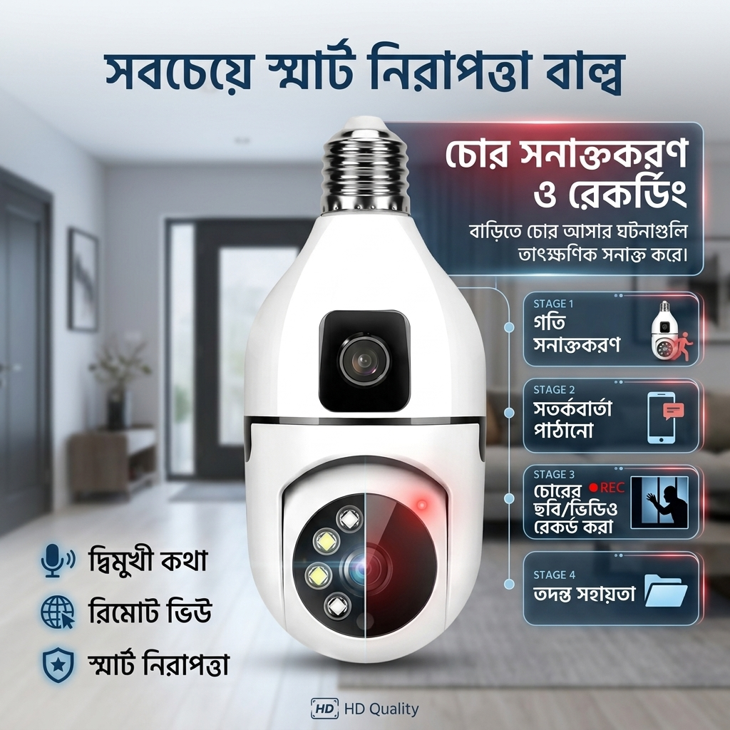 V380 Smart 360° Dual Lens Wi-Fi Bulb Camera (2MP, E27-A)